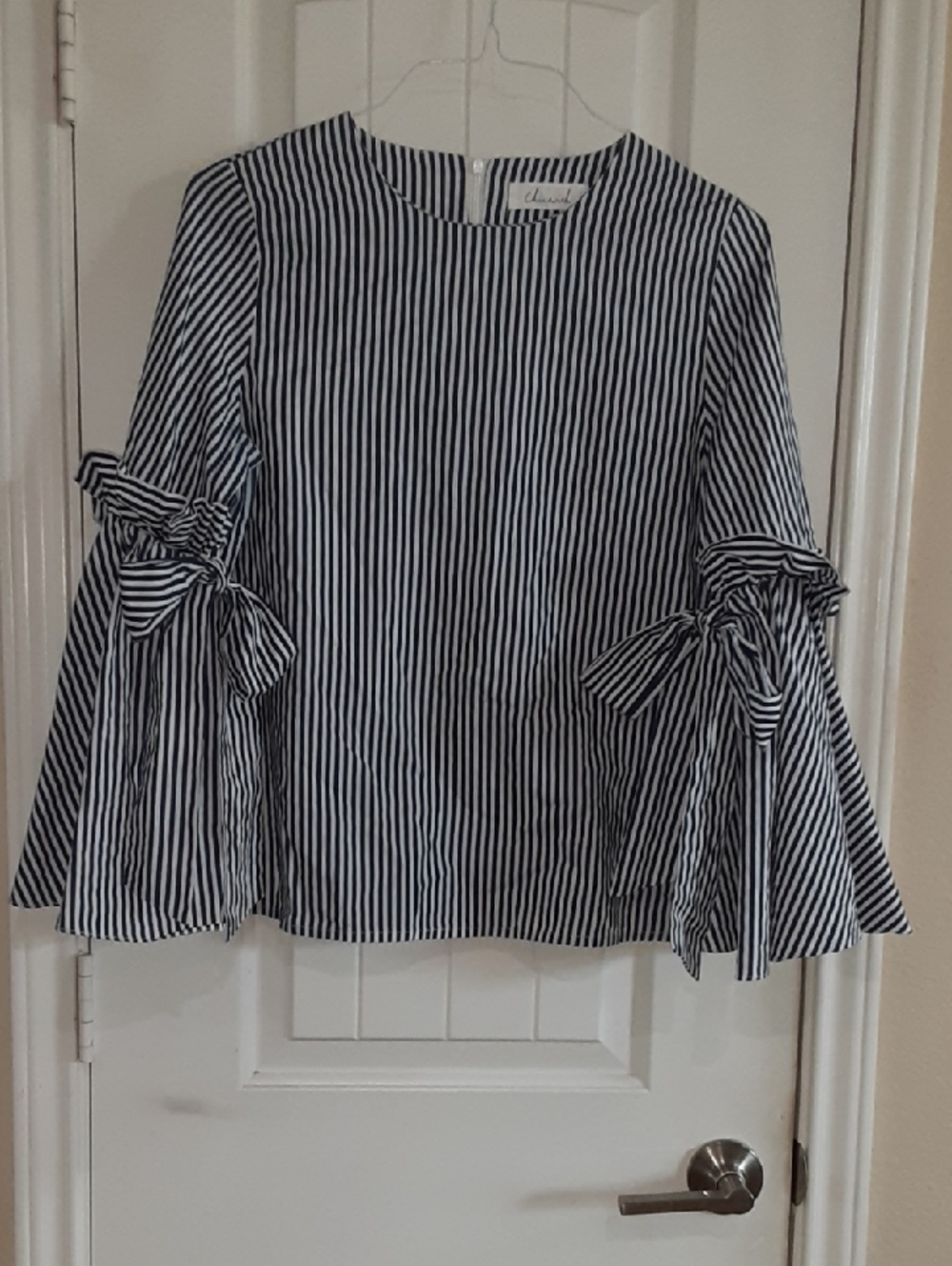 Chicwish Navy Blue & White Striped Bell Sleeve Bow Blouse M/L EUC
